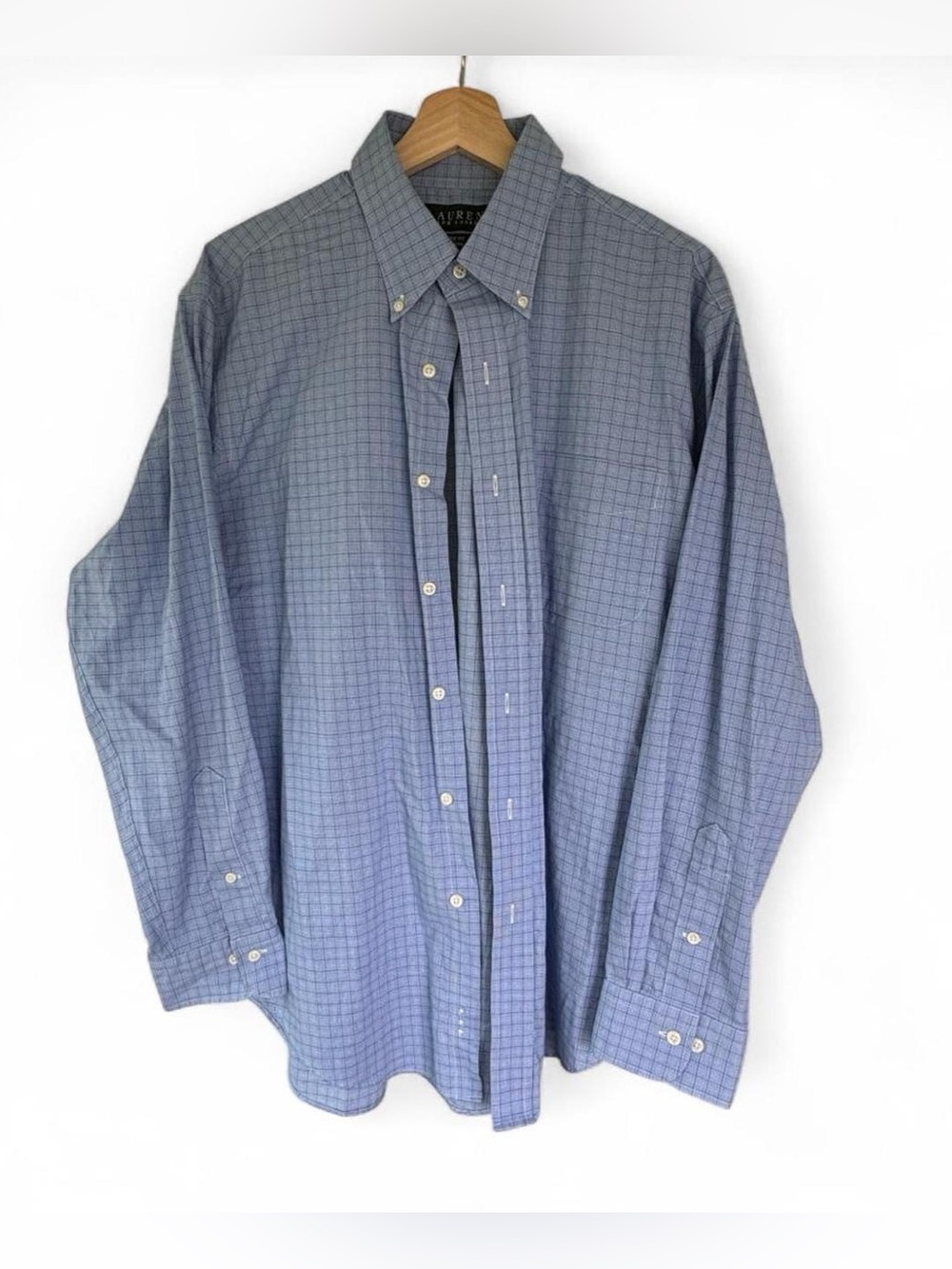 Lauren Ralph Lauren Blue Button Down Dress Shirt L 17 Neck Checker Classic Fit